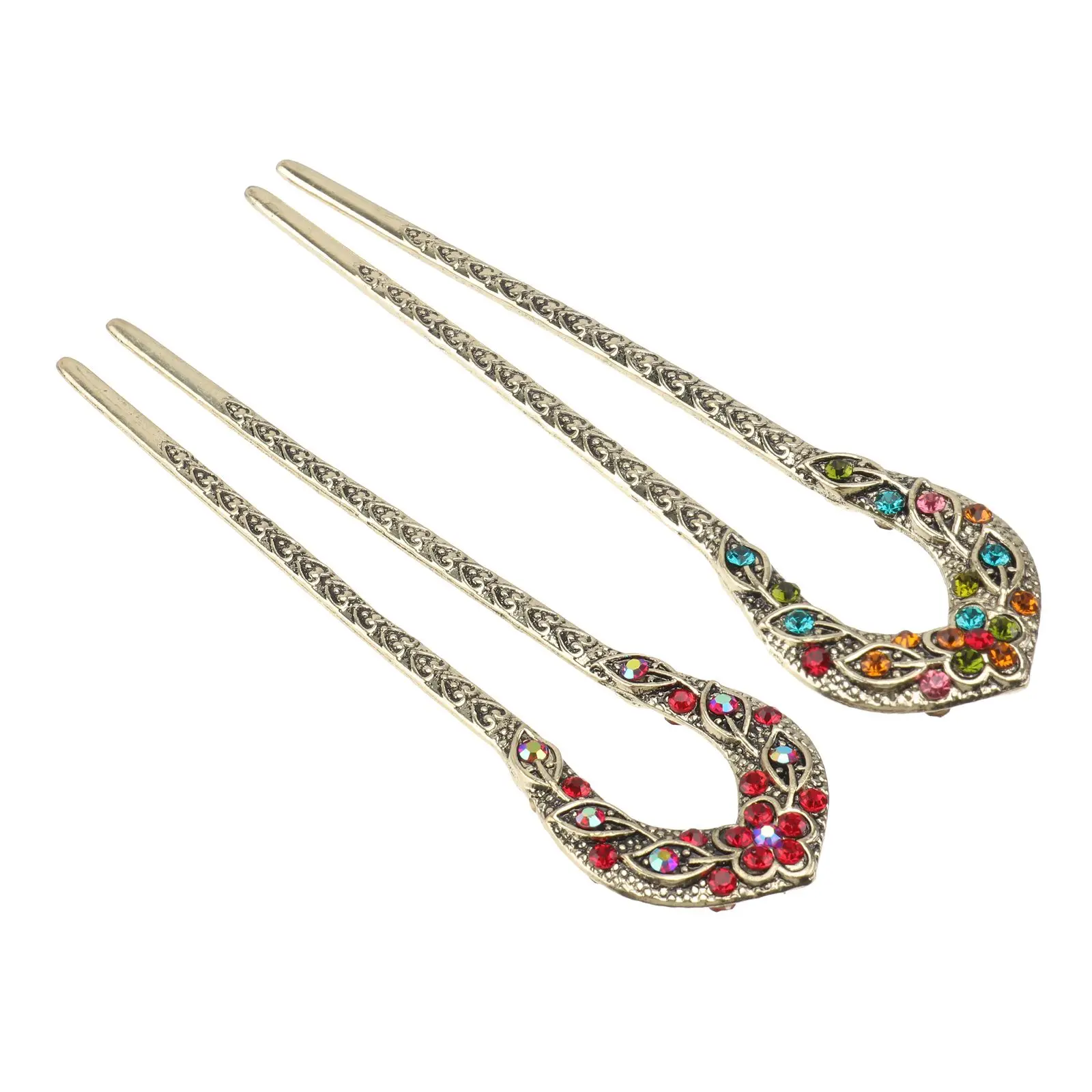 

Vintage Hair Stick Rhinestone Hairpin 2 Pcs U Shape Double Prong Dovetail Clip Gorgeous Bobby Pins Barrettes For Party Wedding