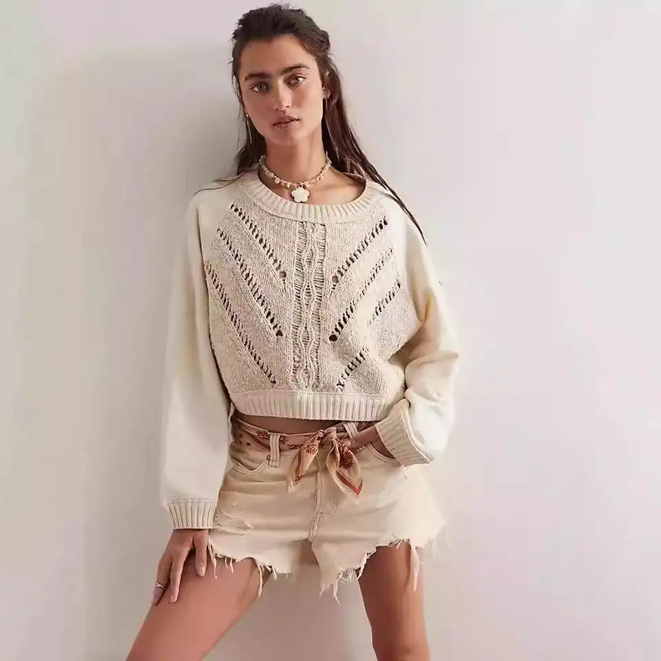 

Женский свитер Ele Blue с вышивкой, ажурными элементами и вставками из трикотажа, свободного кроя, с длинными рукавами, осенне-зимний