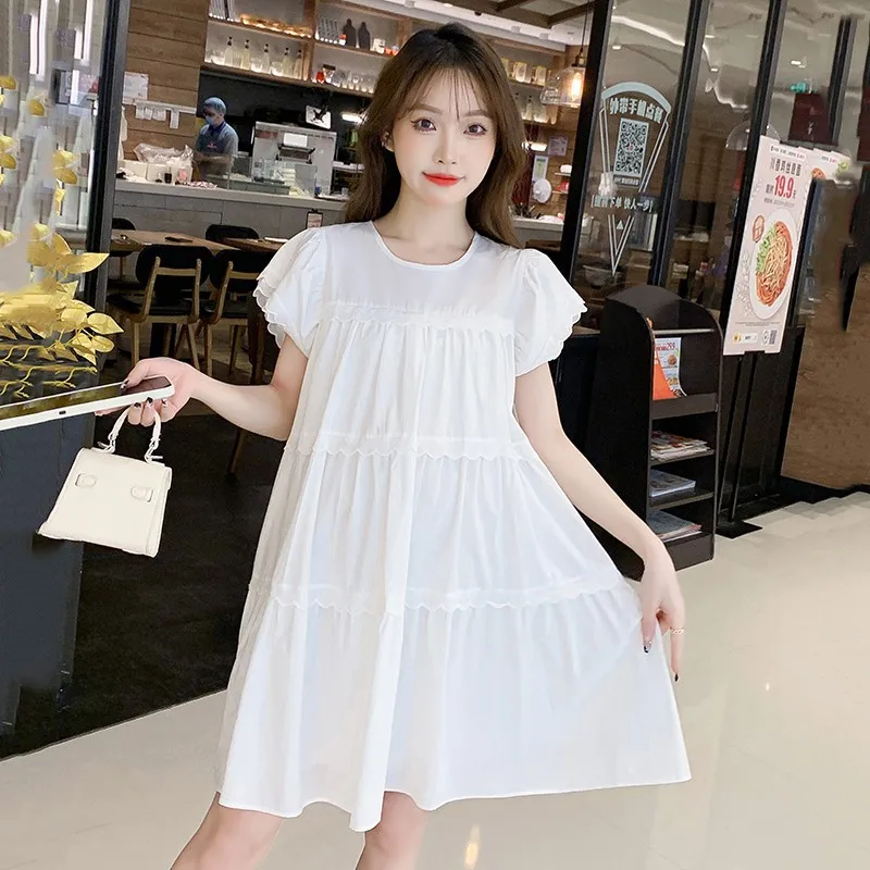 Summer Cute Maternity Tiered Dress White Puff Sleeve Pregnant Clothes For Women's Casual Pregnancy Clothing Korean Loose Dresses