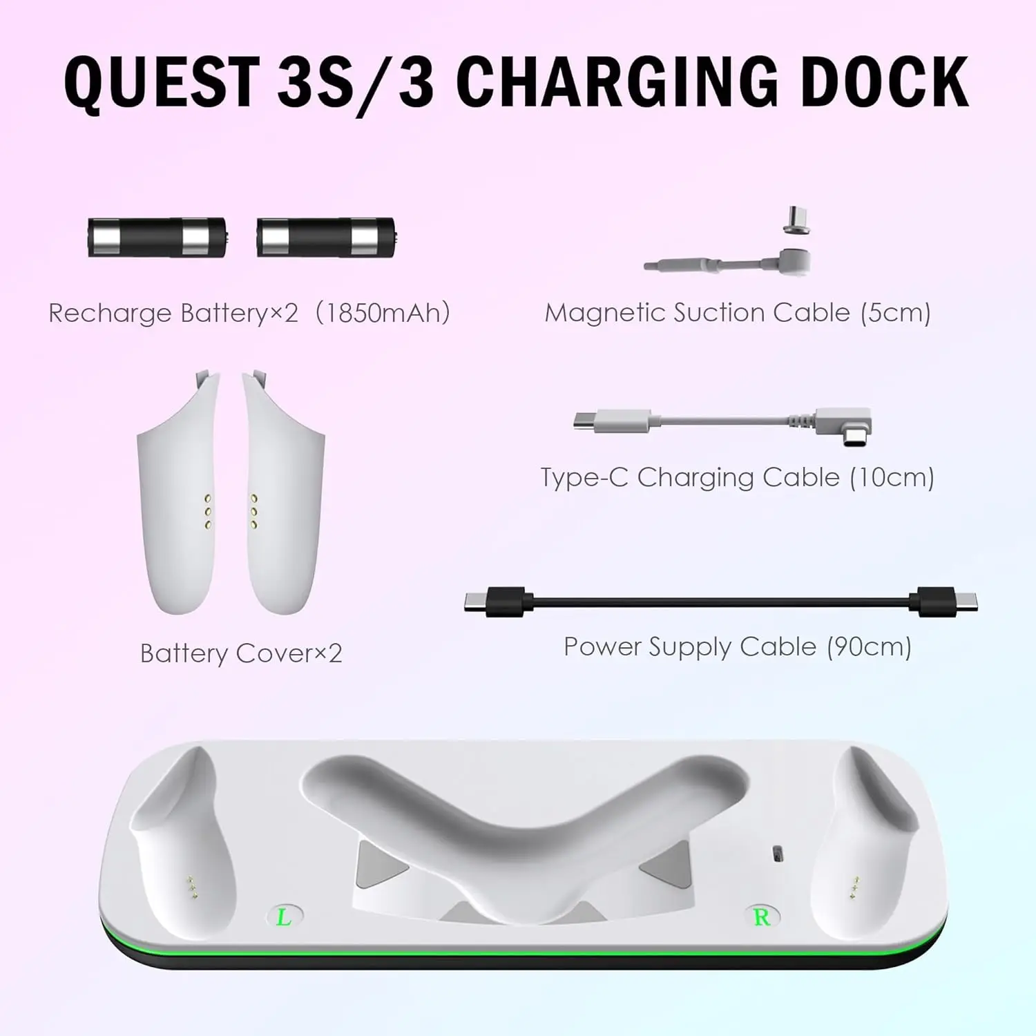 قاعدة شحن لـ Mate Quest 3/3S VR Stand لمحطة شحن Meta Quest3 تدعم سماعة الرأس مع كابل من النوع C وبطارية قابلة لإعادة الشحن