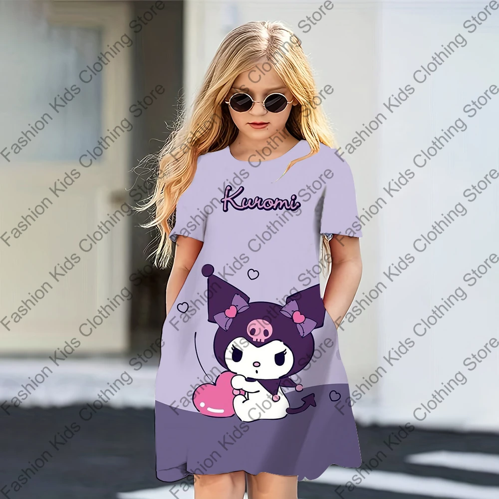 MINISO Girls Summer Dress Fashion Cartoon Cute Kuromi 3D Printed Women Dresses Girls Short Sleeve Princess Dress Girls Clothing