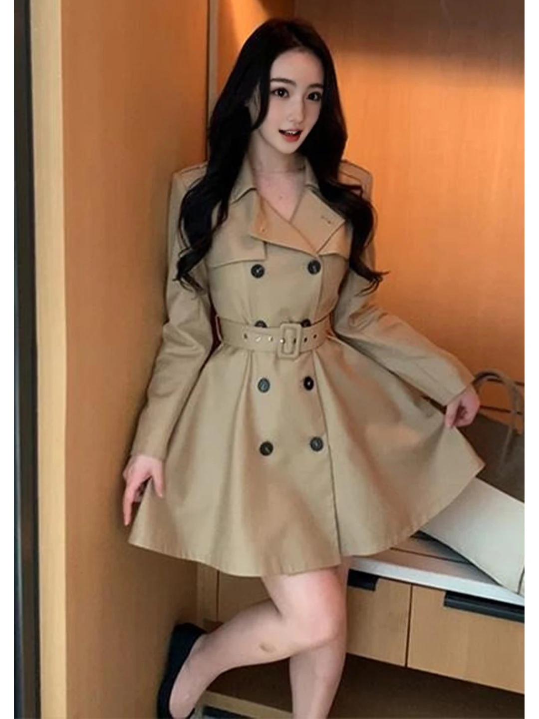 

Korean Sle ort Coat Jaet Women's High Waist A-Line Outerwear Khaki Color Ele Waist-Cinching Autumn Faion