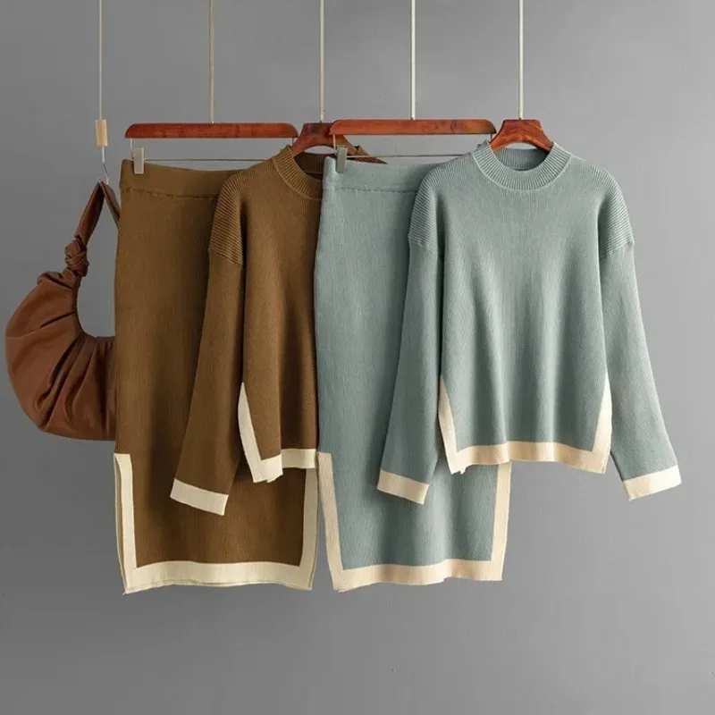 

Autumn New Elegant Knitted Skirts Suit Women's Fashion Design Contrast Crewneck Sweater Tops Split Skirt Women Two-piece Sets