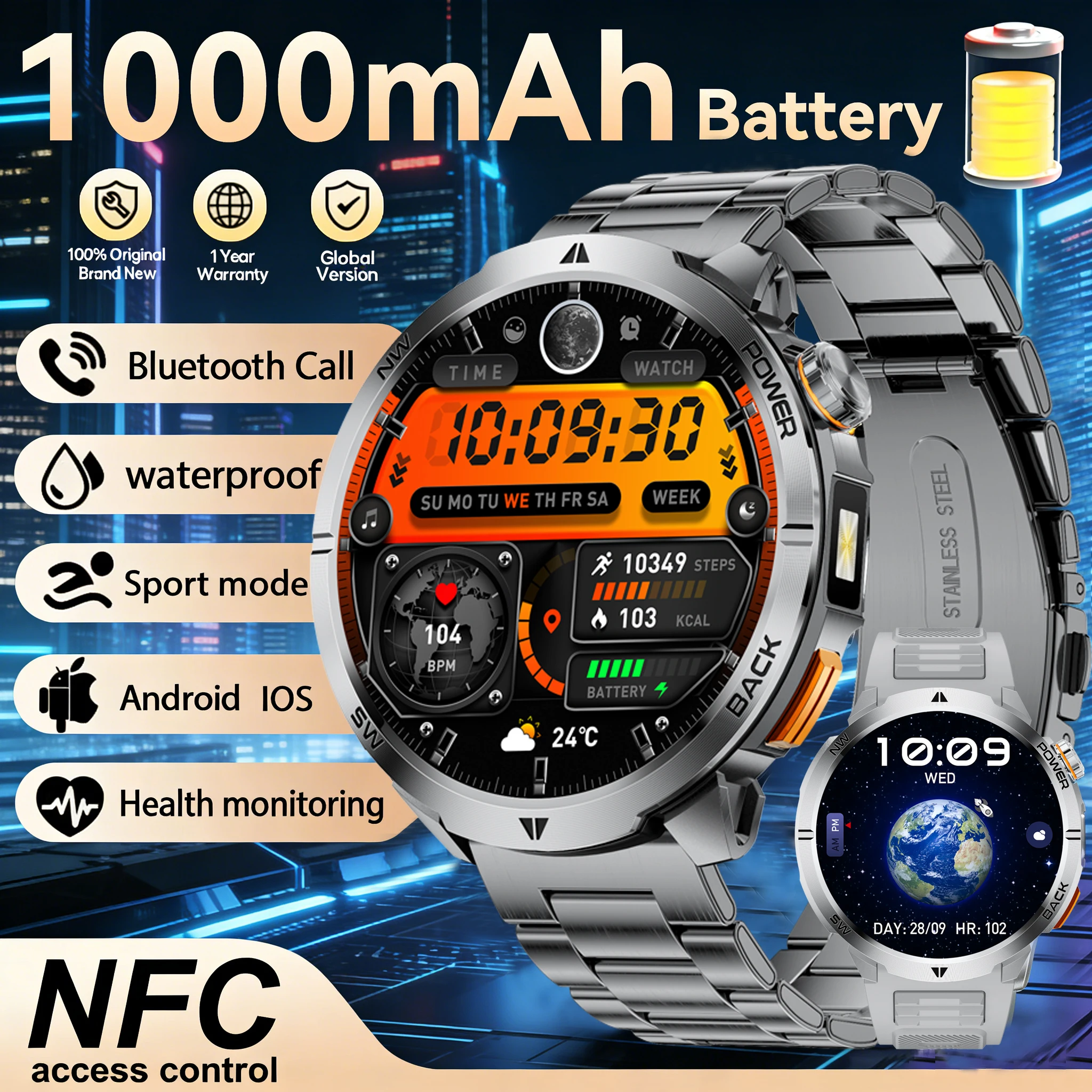 

Новые улучшенные спортивные смарт-часы 2026 года для мужчин с GPS, HD AMOLED-экраном, водонепроницаемостью IP68, аккумулятором 1000 мАч, NFC и Bluetooth-вызовами. Отличный подарок.