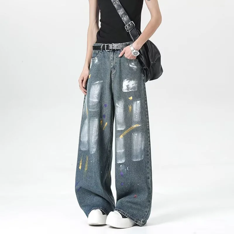 

2025 New Hip Hop Graffiti Printed Baggy Jeans For Men Y2K Vintage Streetwear Denim Pants Distressed Straight Wide Leg Jean