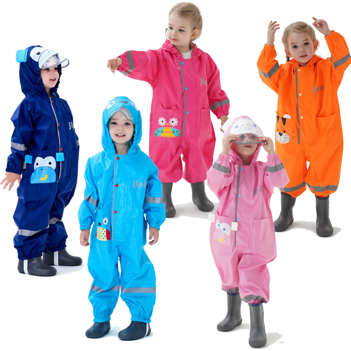 

Stylish & Cute 3D One-Piece Kids' Raincoats, Hooded with Brim & Reflective Strips Toddler Rain Ponchos