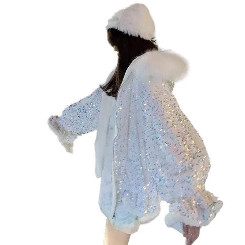 Versatile Wear Girl Style Fur Collar Splicing Sequined Princess Style 2026 Autumn Tide Brand New Loose Dopamine Cotton Clothes