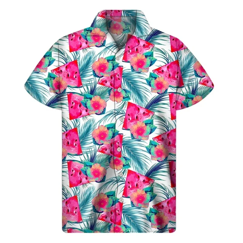 Camisa havaiana masculina de férias, roupas com impressão 3d, melancia, frutas, lapela, botão, moda casual, blusa de design listrado