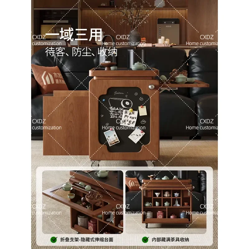 Yunhe Tea Cart Folding Mobile Side Table for Living Room Sofa Balcony Small Apartment Compact Design with Storage Cabinet
