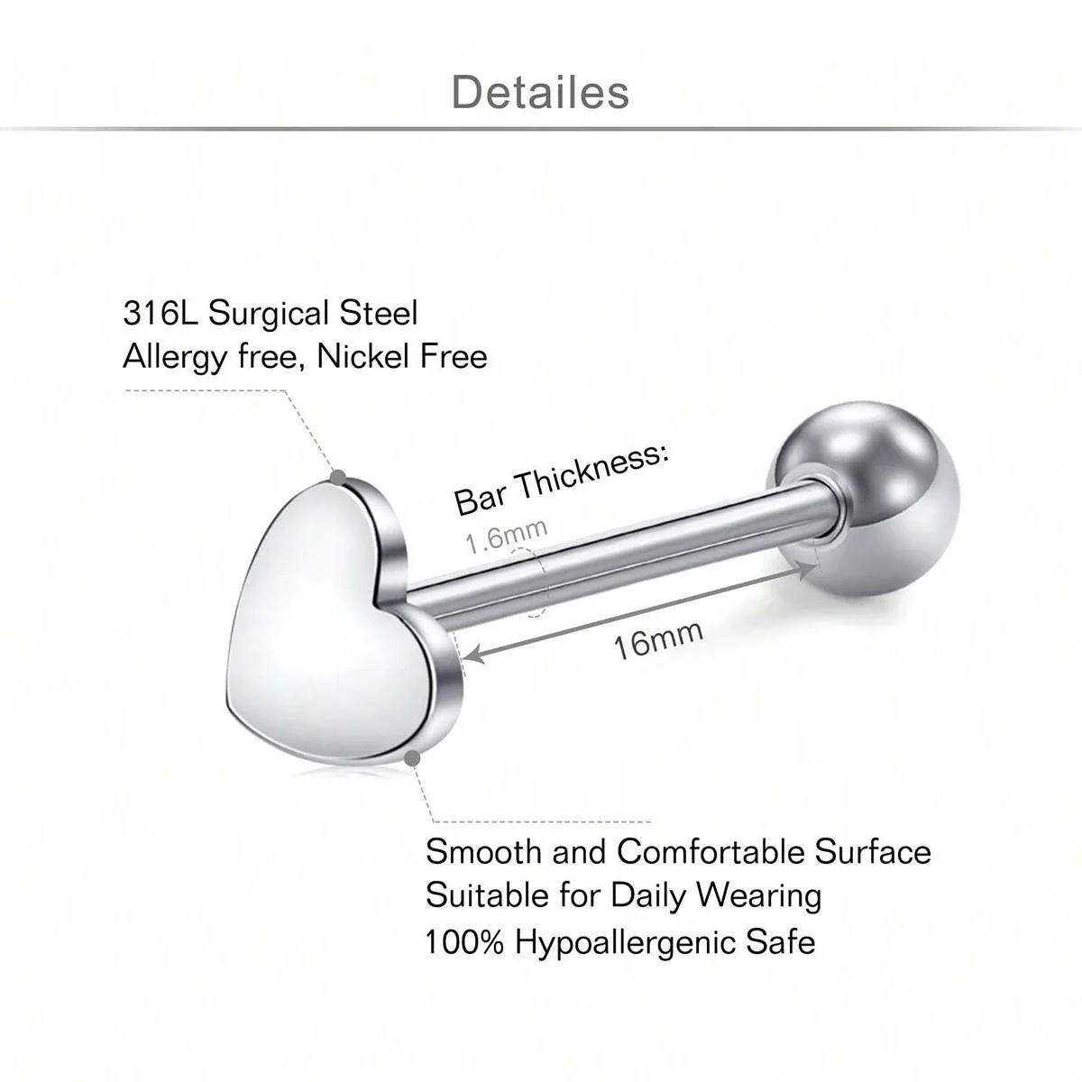 2Pcs 14G  Stainless Steel Tongue Rings with Ring Straight Barbells Heart Shape Tongue Piercing Jewelry 16mm