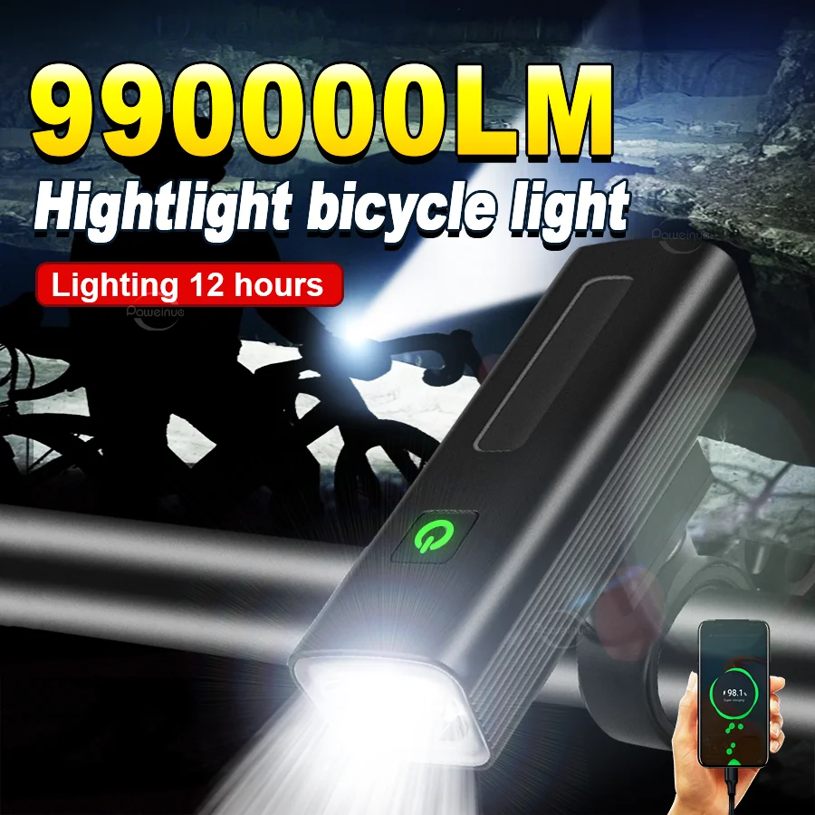 NEWEST 990000LM USB Rechargeable Bike Light Bike Headlight Power Bank Flashlight MTB Road Cycling Lamp Front Light Waterproof