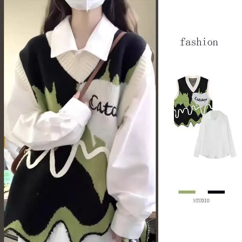 

Корейский вязаный свитер с v-образным вырезом, женский свободный жилет, топ, цвет, дизайн, милая школьница, осенняя коллекция Faion