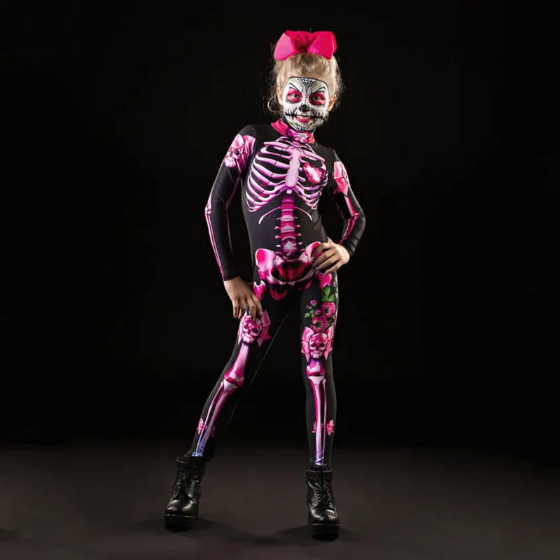 Adult Kids Halloween Skeleton Cosplay Jumpsuit Pink Rose Woman Sexy Skull Scary Costume Girls 3D Print Bodysuit Mother Daughter