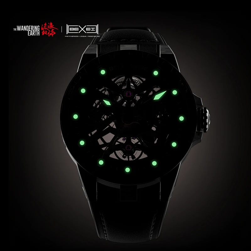 BEXEI 9091 Orologio automatico da uomo in acciaio cavo meccanico con zaffiro orologi da uomo The Wandering Earth Orologi da polso in edizione limitata