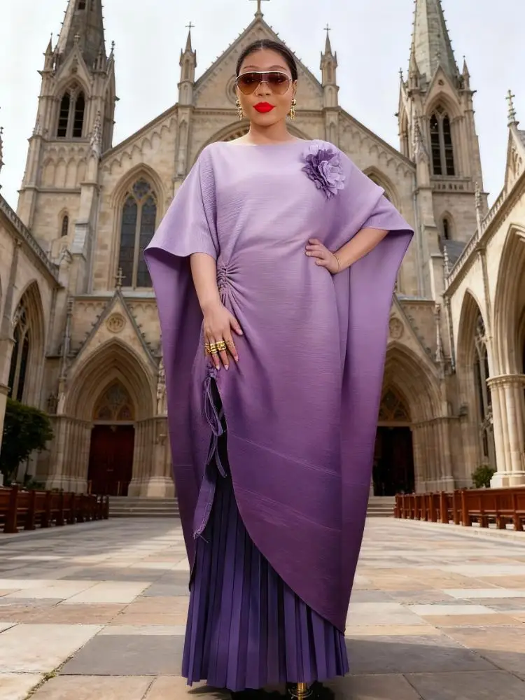 

Miyake Pleated Design Women 2 Piece Set Gradient Drawstring 3D Floral Spliced Long Dress Fashion 2025 Autumn New Clothing