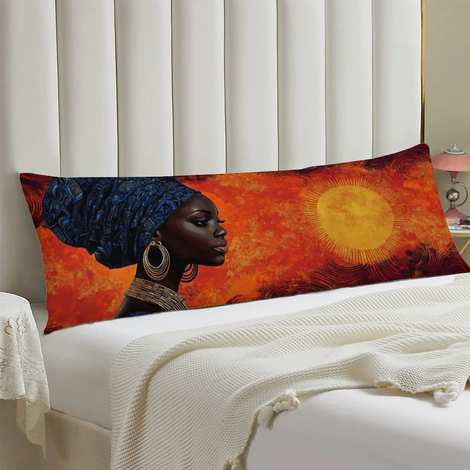 Ultra-Long Pillowcase - African Sunshine And Female Portrait Pattern - Soft Plush Mattress Cushion Cover with Zipper Closure, Mo