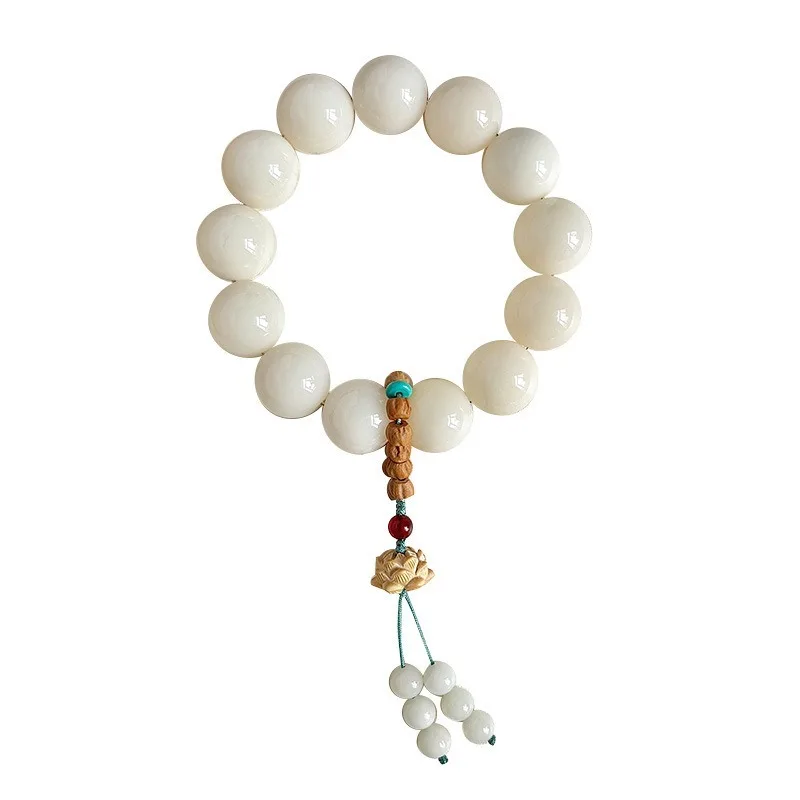 Natural Bodhi Bracelet Large Size White Bodhi Root Bracelet with Lotus Pendant Single Circle Prayer Bead Jewelry Gifts