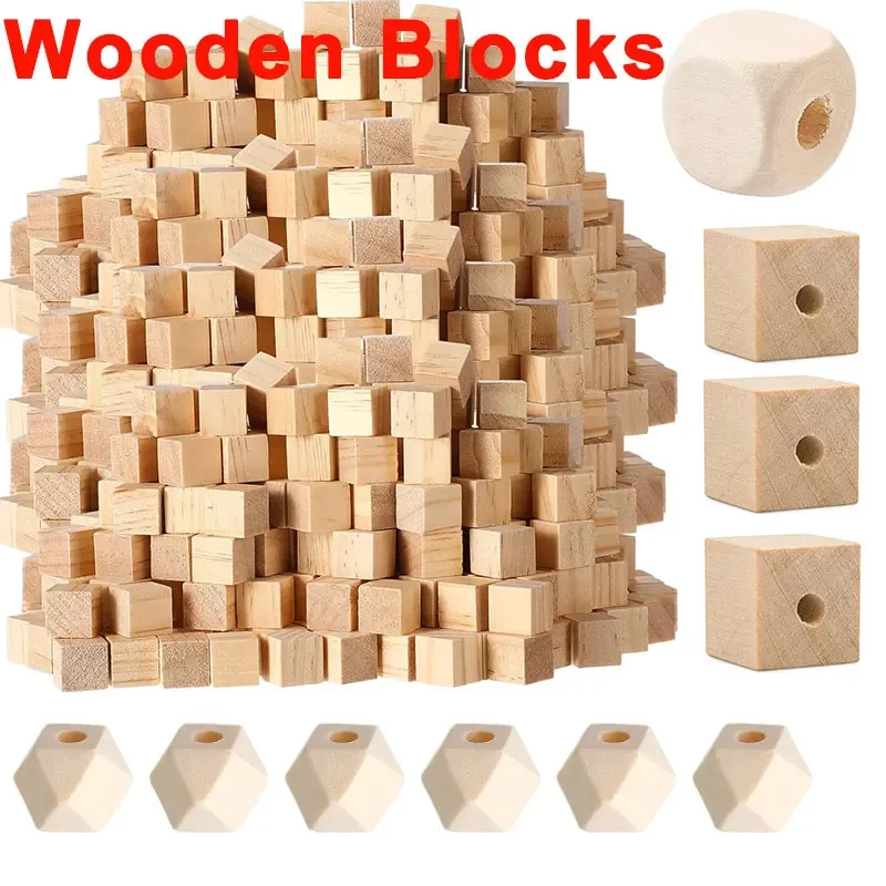 10-50Pcs Unfinished Wood Cubes Wooden Blocks Geometric Wood Beads Natural Smooth Loose Beads Wooden Spacer Beads for DIY Crafts