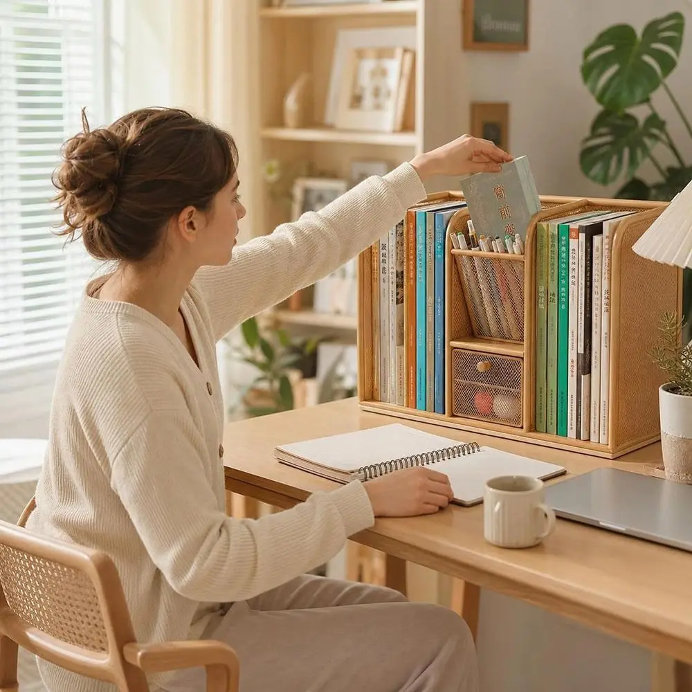 Metal Desk Book Rack Mesh Structure Multi-Compartment Desk Stationery Organizer Pull-Out Drawers