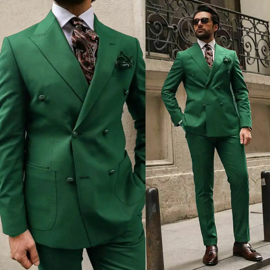 

Green men's suit lapel double breasted business groom formal Tailcoat 2-piece suit (jacket+pants)