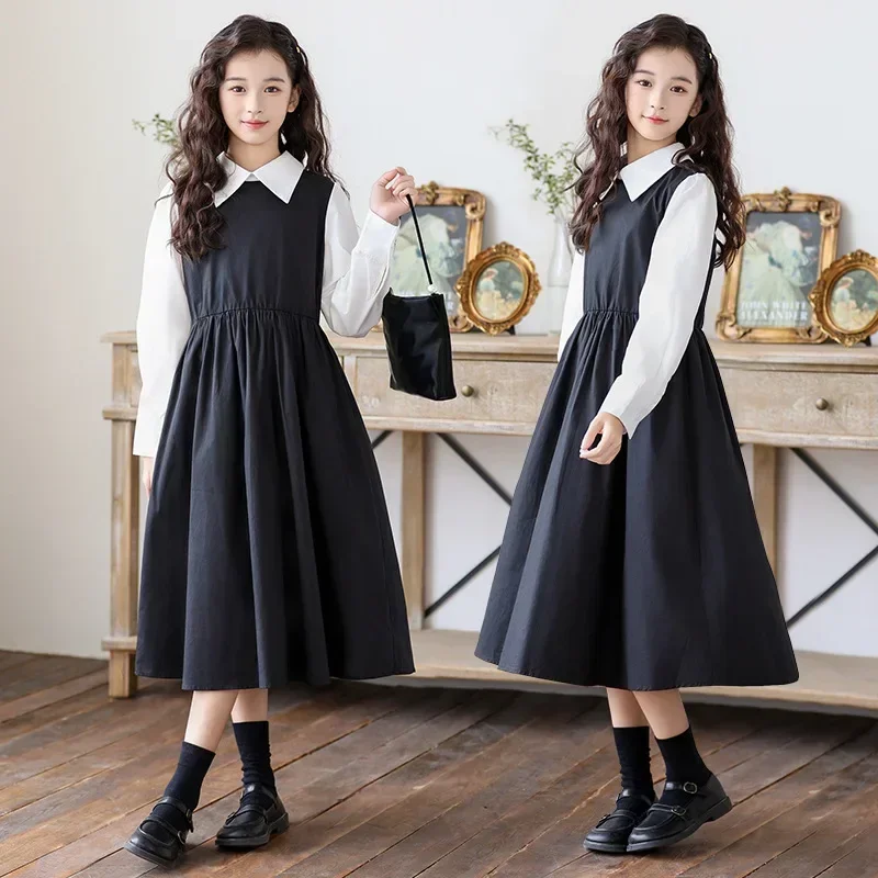 

Long Sleeve Preppy Style Black White Shirt Patchwork Fake 2-Pieces Autumn Kids Princess Dress 8 Y 2025 Spring School Girls Dress