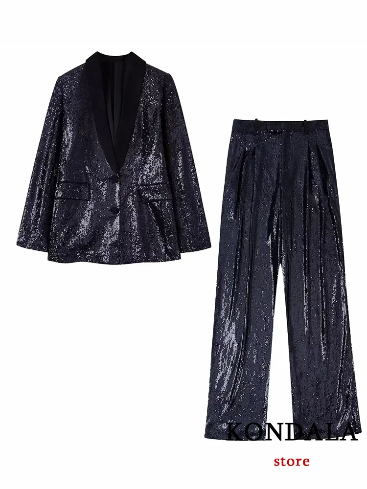 KONDALA Vintage Party Sequined Women Suit Fashion 2023 Black V Neck Single Breasted Blazer+High Waist Straight Pants Elegant Set