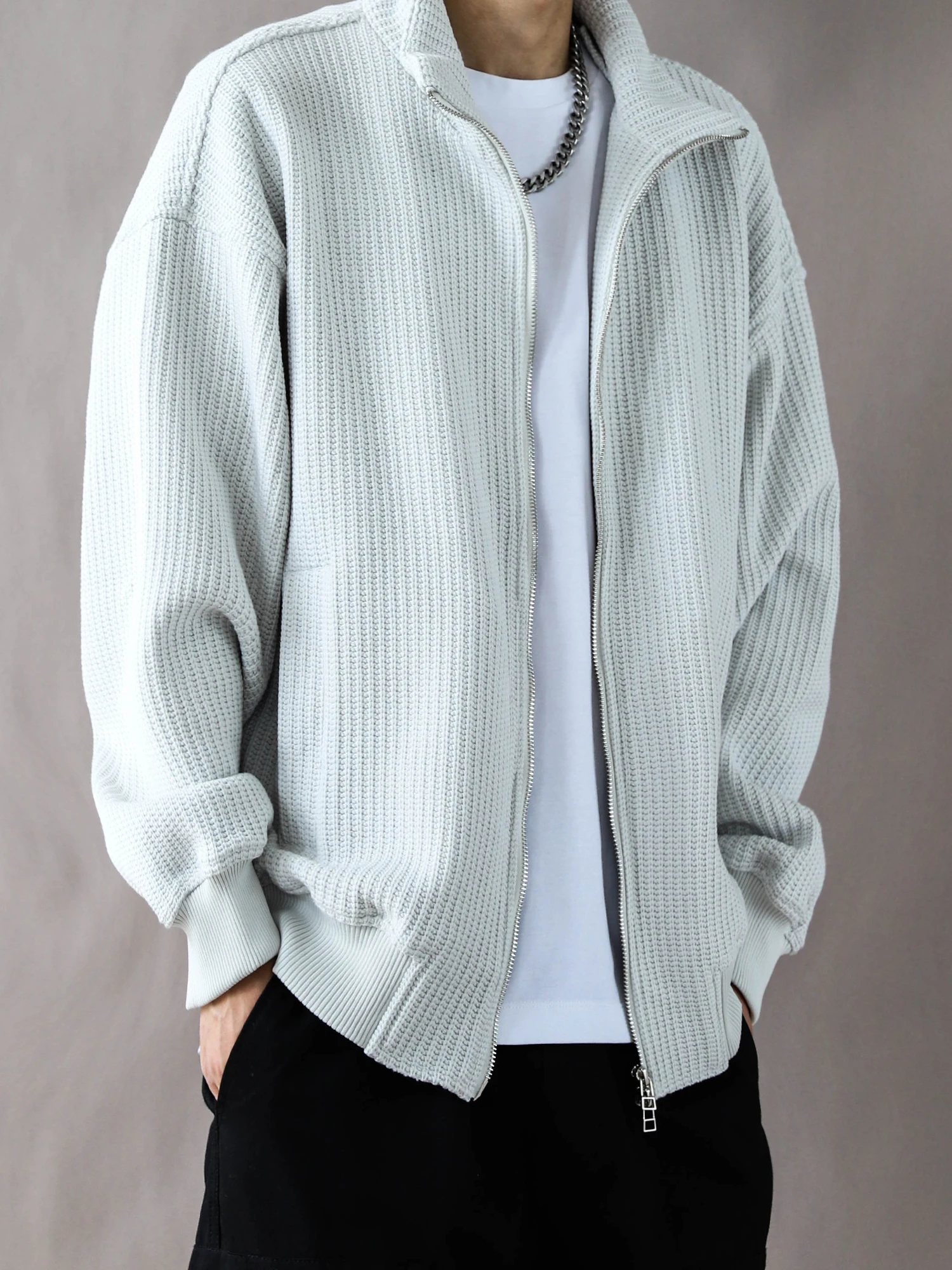 

Американская вязаная мужская куртка из плотной ткани, весна-осень, свободный крой, повседневная, модная, больших размеров, на молнии, с декоративными элементами, из смесового хлопка, с длинными рукавами