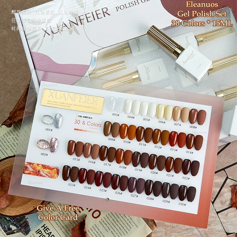 Eleanuos Schokoladengel, poliert, 30 Stück, gemischt, durchsichtig, braun, einfarbig, langlebig, UV-LED-Grundierung, Finish, Salon-Set, Ahornnägel, 15 ml