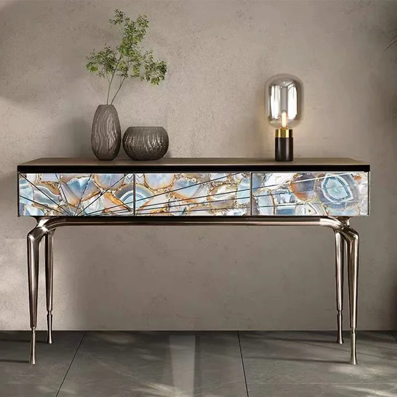 

Italian natural agate villa household end view table modern solid casting stainless steel entrance cabinet