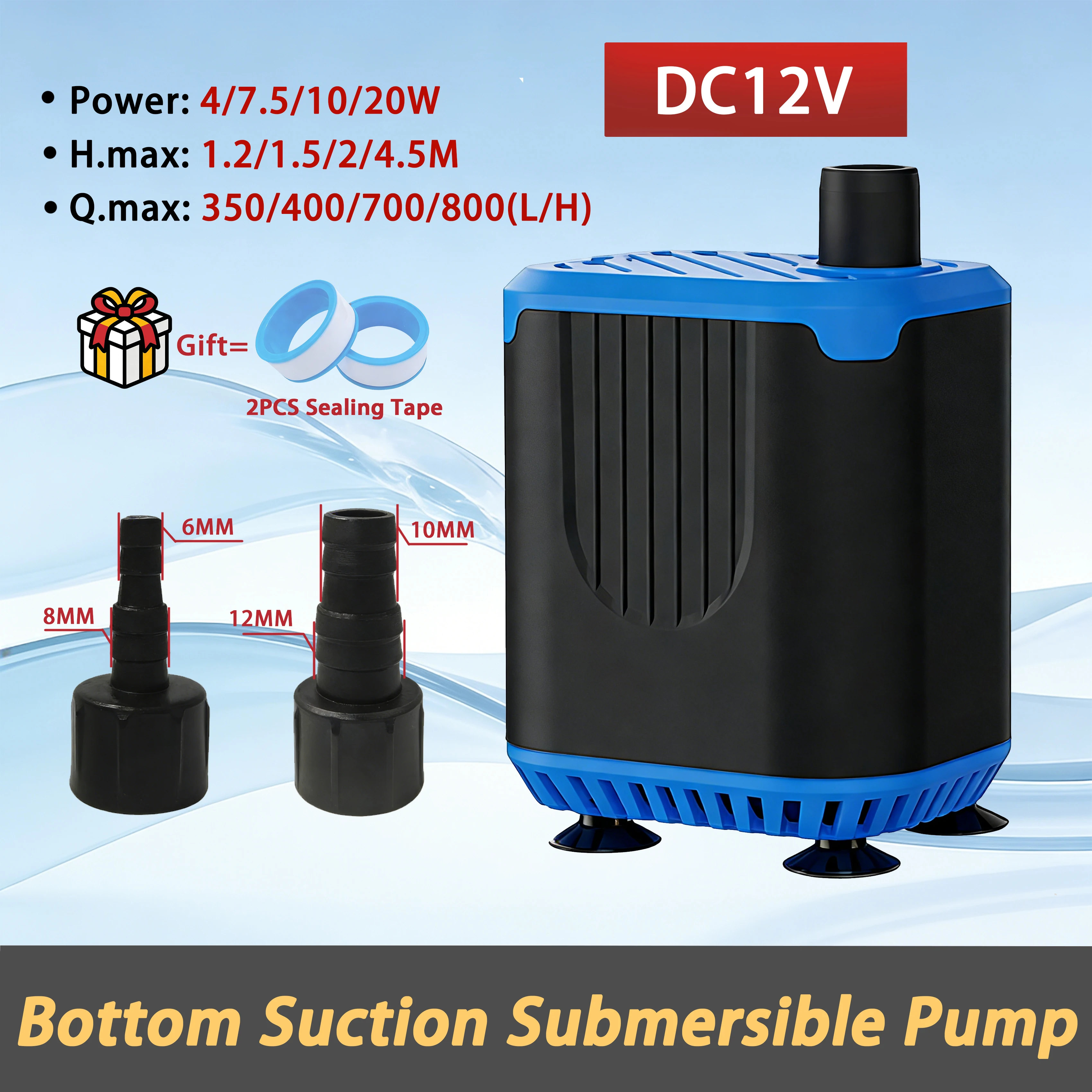 DC12V Submersible Pump for Fish Tank Circulation, Ultra-low Water Level Bottom Suction Pump, Flow Rate 350/400/700/800L/H