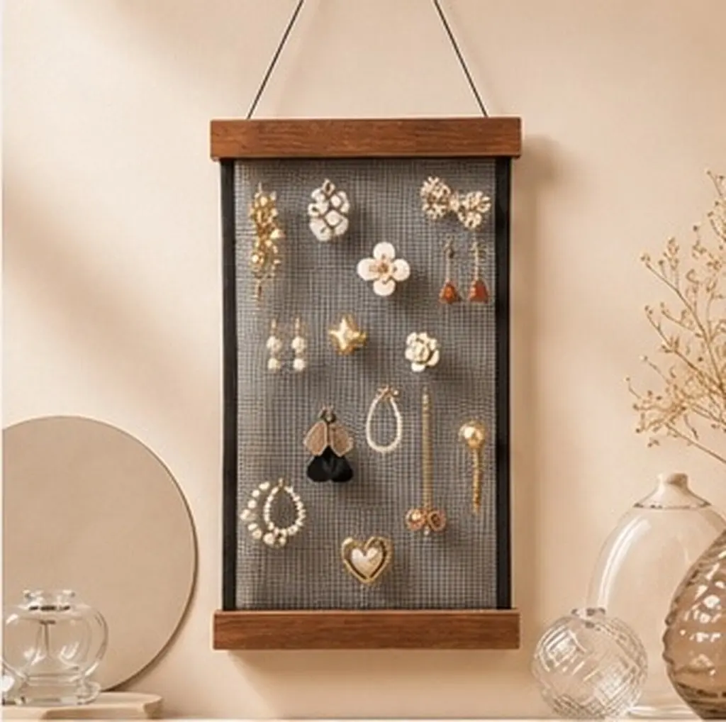Large Earring Organizer Wall Mounted Wooden Frame with Thousands of Mesh Holes for Hanging Earrings Brooch Pins Badges Jewelry