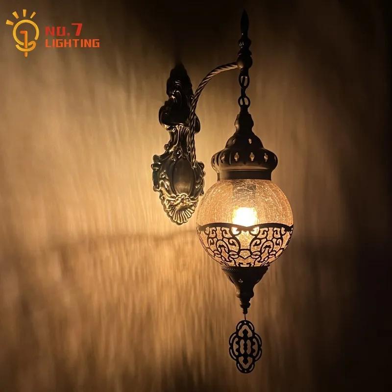 Southeast Asian Exotic Vintage Wall Lamp LED E27 Iron Art Glass Wall Mounted Hotel Bedroom Bedside Restaurant Bar Studio Salon