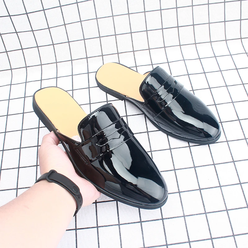 Designer Slippers Men Mules Coiffeur Patent Leather Slippers Men Half Shoes for Men Slippers Luxury Black Homens Sapatos Casuais