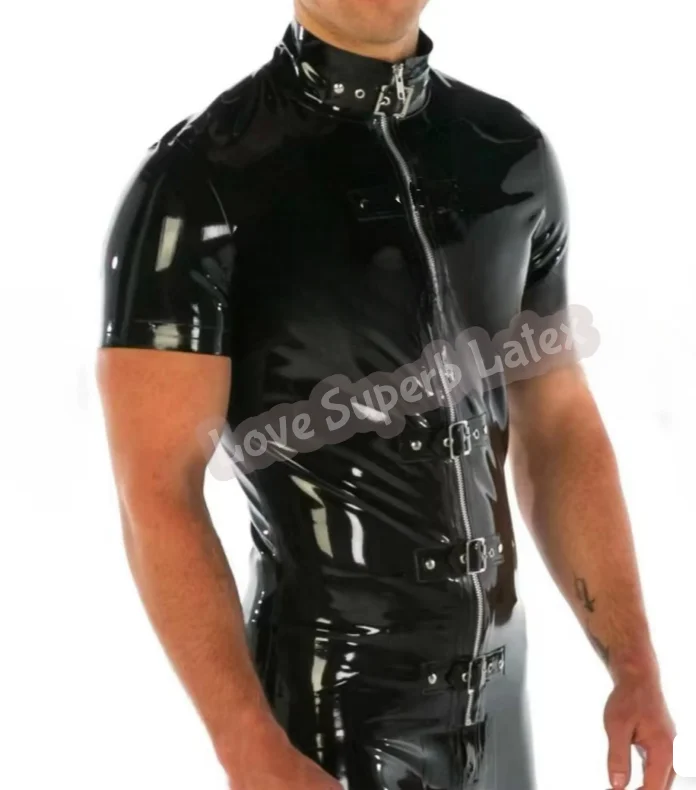 100% 수제 남성 고무 천연 라텍스 하이 칼라 프론트 지퍼와 해왕성 버클 반소매 셔츠 남성용 라텍스 탑