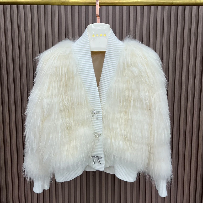 

2023 New Natural Raccoon Fur Fur Jacket V Neck Ladies luxury Warm Coat Women's Real fur Jacket