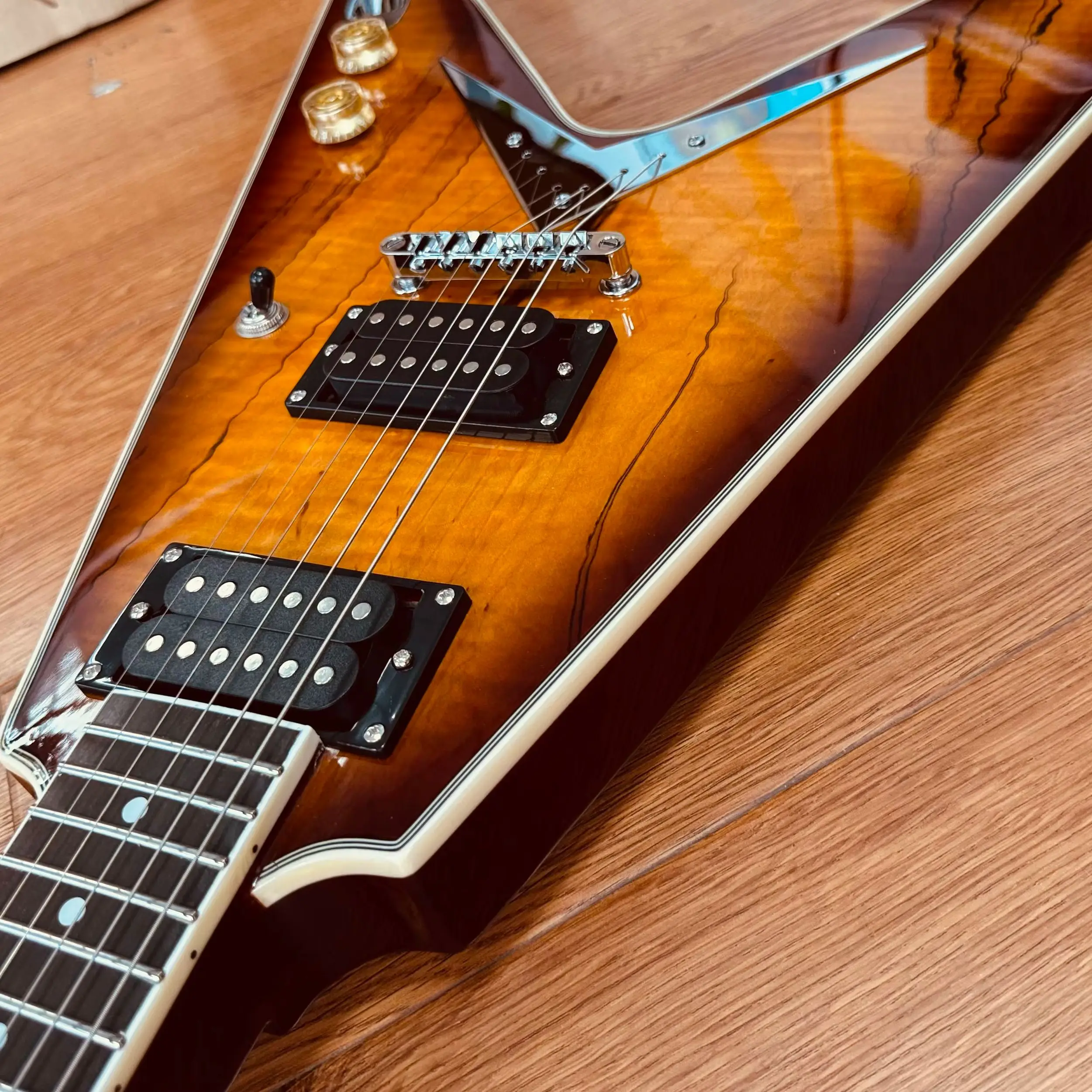 V Electric Guitar With Figured Maple Veneer And Natural Crack Decoration For HH Pickups Silver V-shaped Guard Plate Heavy Metal Hard Rock Christmas Gift. Free Shipping. In Stock With Fast Delivery.