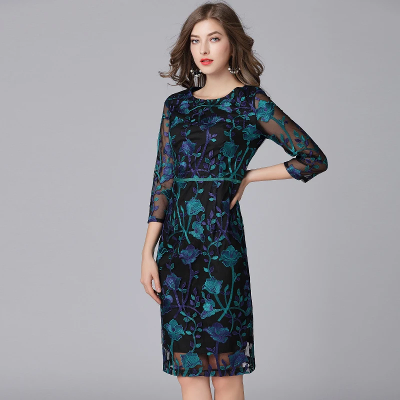 Embroidery Lace Dresses for Women, Vintage Dress, Three Quarter Knee Length, Ladies Dress, New Arrival, Autumn, 16133, 5XL, 100K