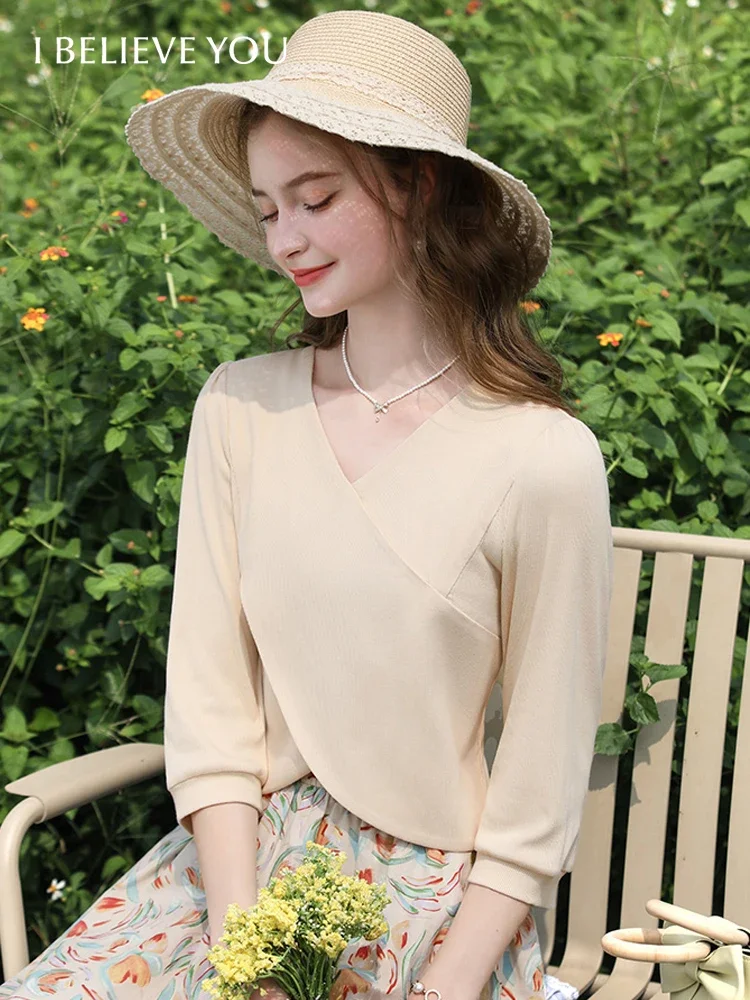 

I BELIEVE YOU Women T-shirts 2025 Autumn New French Short Unique Chic V-neck Irregular Slim Lady Gentle Basic Shirt 2241015521