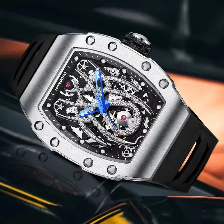 HANBORO Men Automatic Watch Tonneau Mechanical Wristwatch Luminous Sapphire Mirror Skeleton Spider Dial Miyota Mov