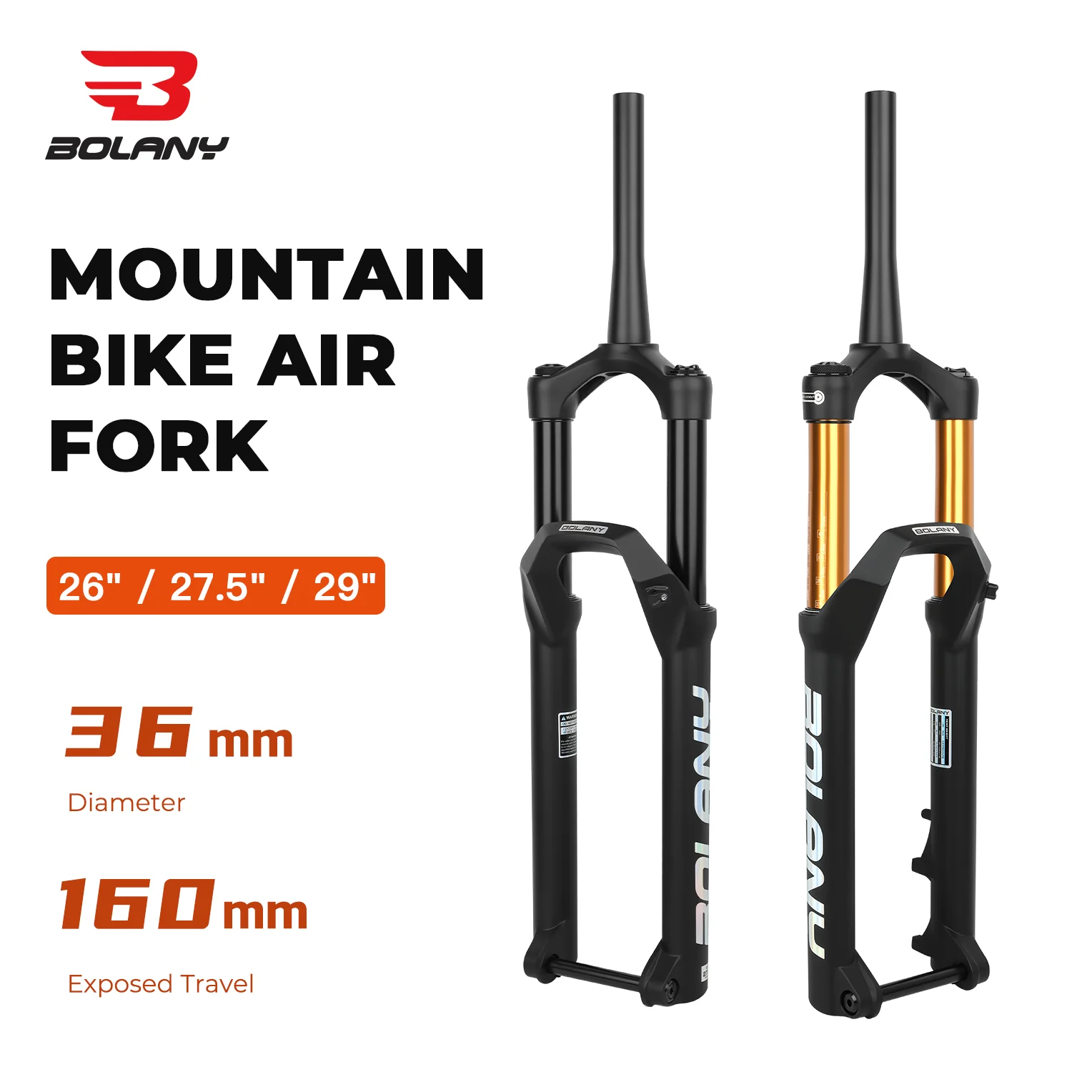 BOLANY Mountain Bike Air Front Fork 26/27.5/29 Inch 36MM 15×110MM BOOST TA AM Bicycle Suspension Fork 140MM Travel Tube Tapered