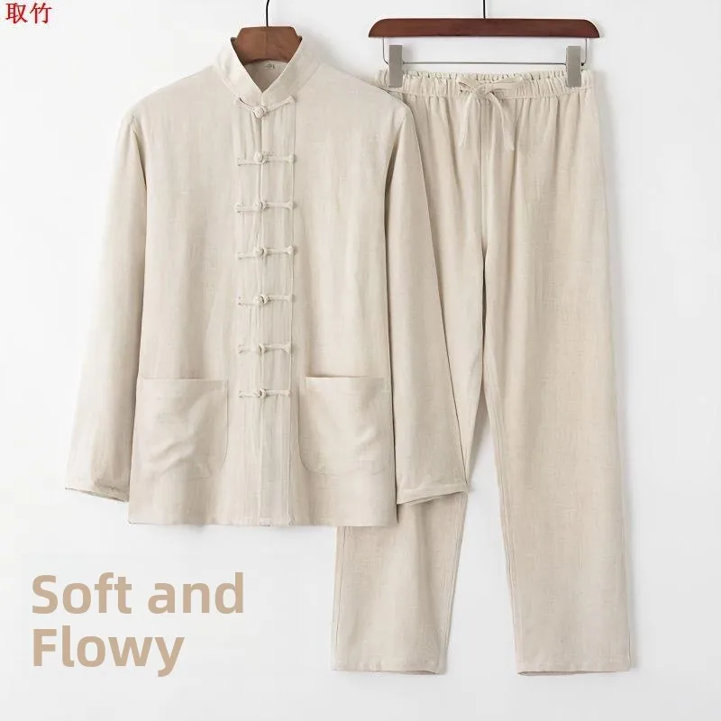 Casual Long Sleeve Cotton Linen Set Chinese Style Men's Tang Suit Loose Fit Hanfu Traditional Chinese Clothing Button Detail