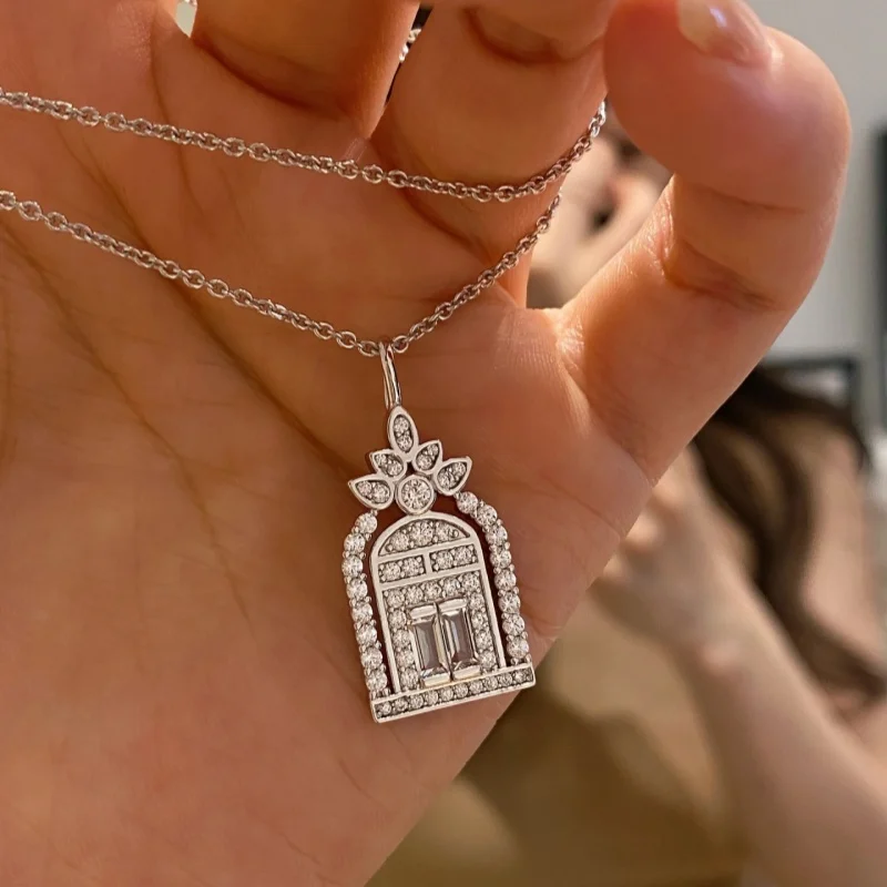 

925 Sterling Silver Zircon Door of Happiness Women's Jewelry Necklace, Luxury Love Jewelry Gift. Banquet Evening Jewelry Accesso