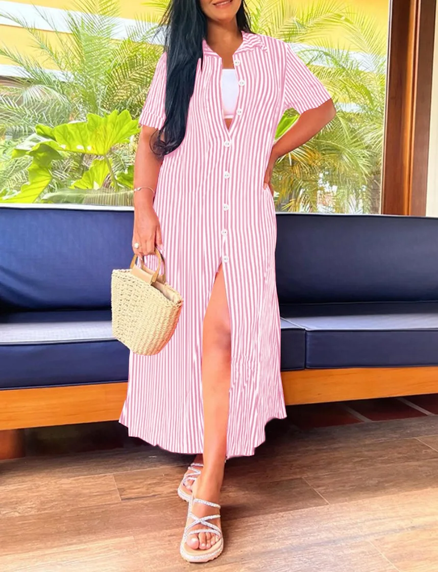 Women Casual Turn Down Collar Short Sleeve Button Down Side Split Maxi Shirt Dress With Vertical Stripes Perfect For Beach Vacat