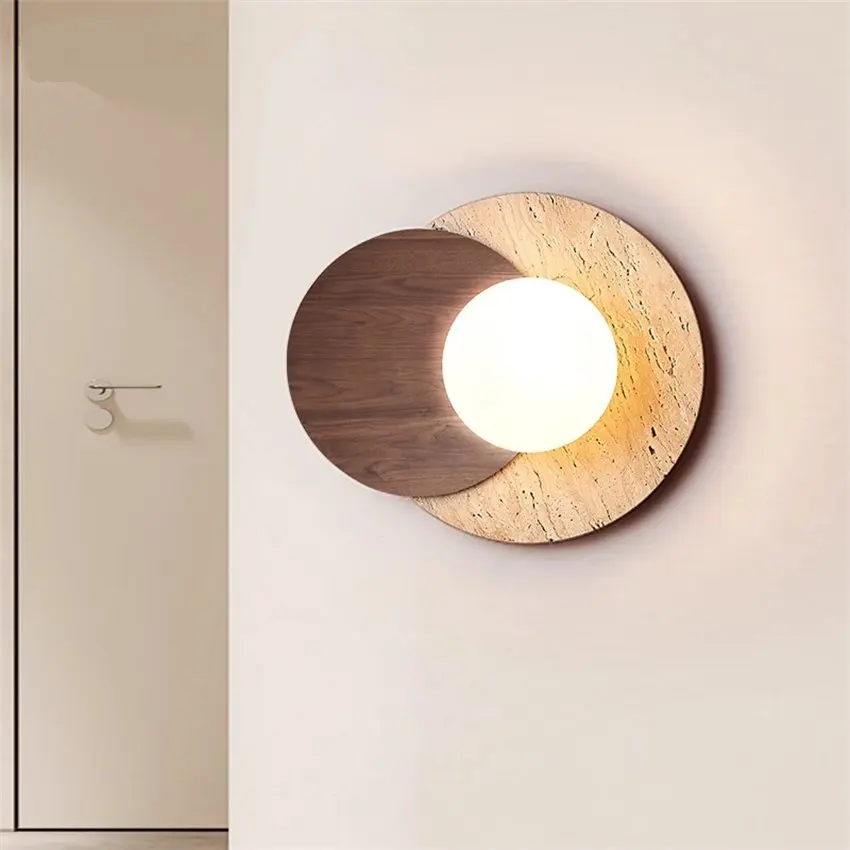 

Nordic vintage marble round wall lamps wabi-sabi style bedroom bedside lamp staircase living room decorative wood sconces lights
