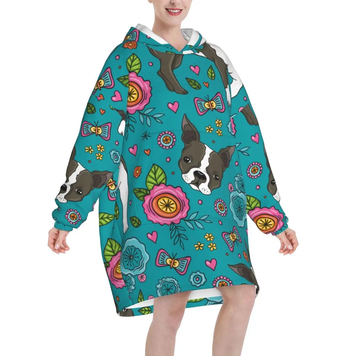 Boston Terrier And Beautiful Flowers Oversized Blanket Hoodie Women Men Wearable Fleece Pullover Soft Warm Cozy
