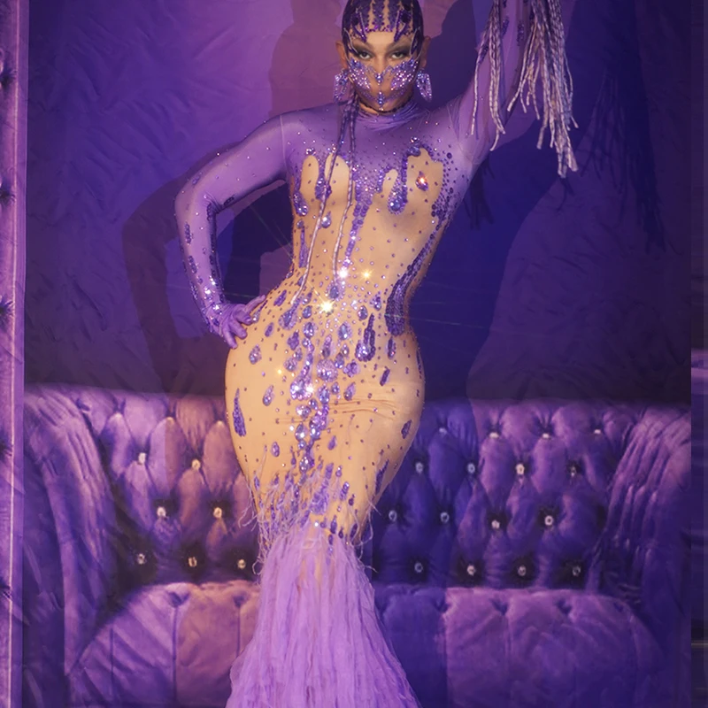 Sexy drag queen trajes de luxo roxo strass vestido cristal cauda longa feminino desempenho palco cantor dançarino parte aniversário