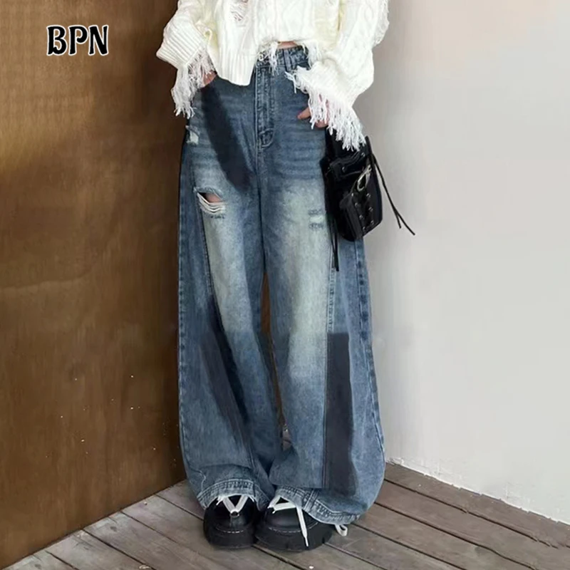 

BPN Colorblack Hollow Out Streetwear Denim Trousers For Women High Waist Spliced Pockets Loose Wide Leg Pants Female Fashion New