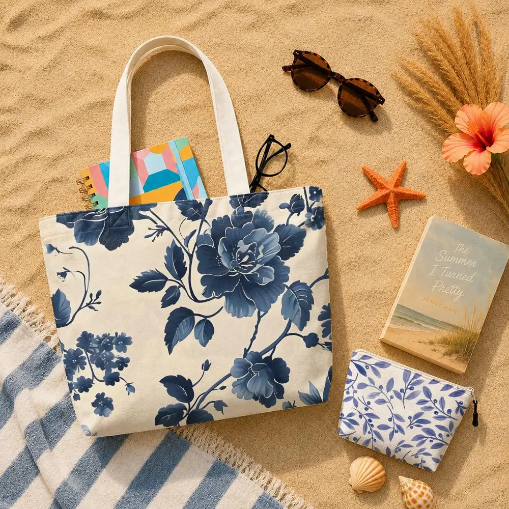 Blue Pattern Fashion Storage Bags 2-Piece Set Canvas Tote Bags with Zipper Shoulder Handbags for Daily Shopping Travel