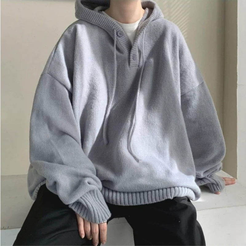 Spring Autumn Men\'s Hooded Sweater Vintage Loose Knitwear Coat Solid Color Fashion Versatile Casual Long Sleeve Pullover Sweater