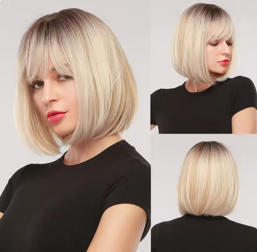 Peruca bob marrom com destaque, cor mista, cabelo sintético para mulheres, natural, curto, reto, com franja, alta temperatura